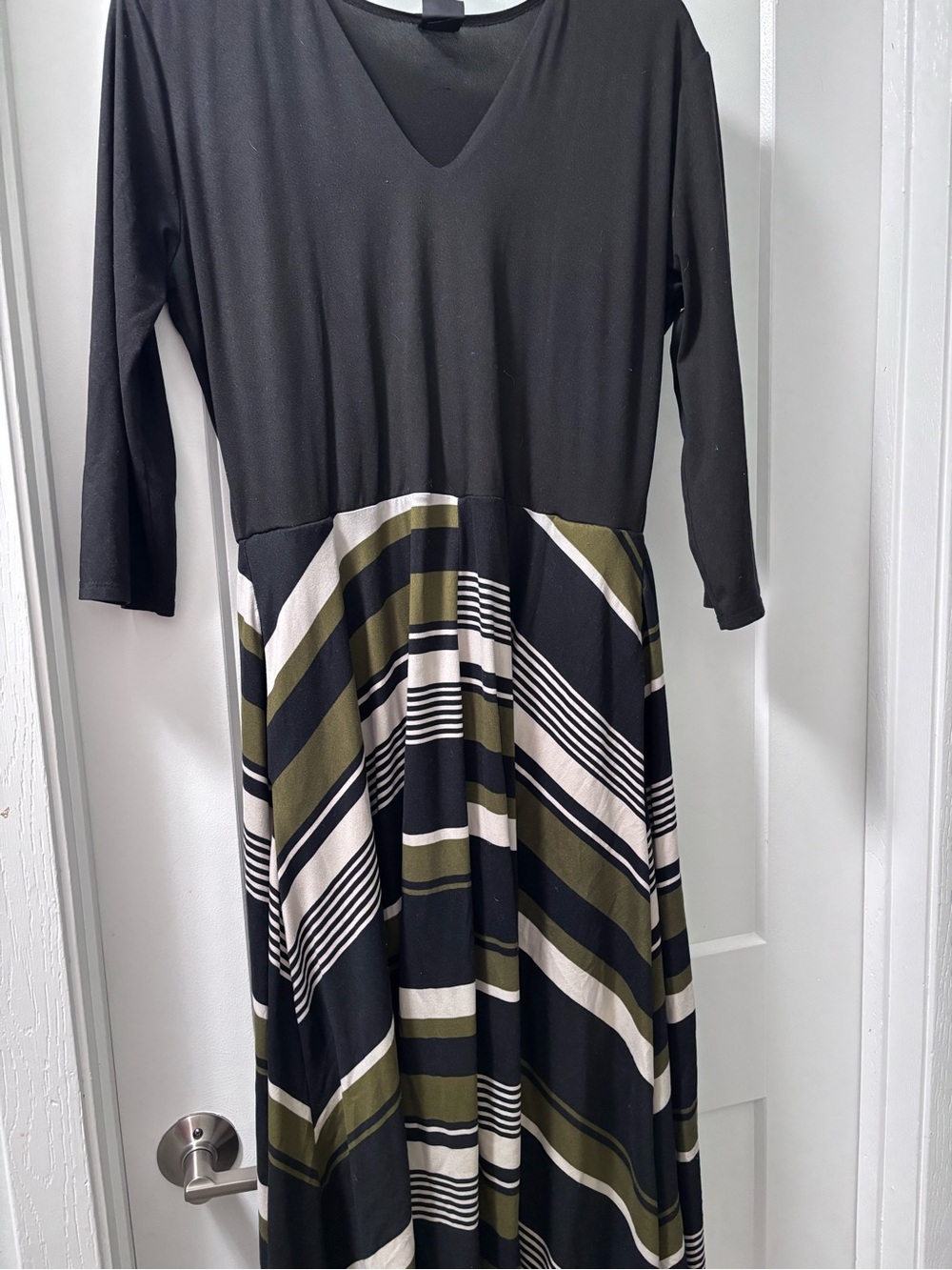 Agnes & Dora Black V-Neck Dress with Olive and Cream Stripes
